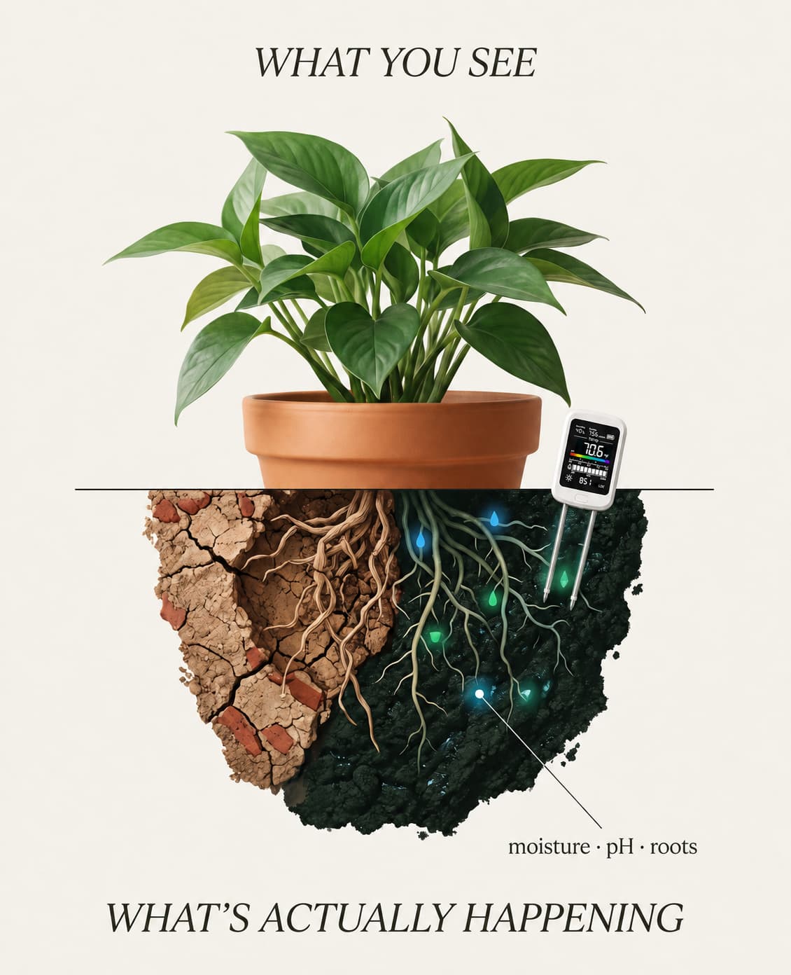 Above the soil a healthy-looking plant; below the soil a cutaway of the root zone showing hidden trouble &mdash; labelled What You See / What's Actually Happening.