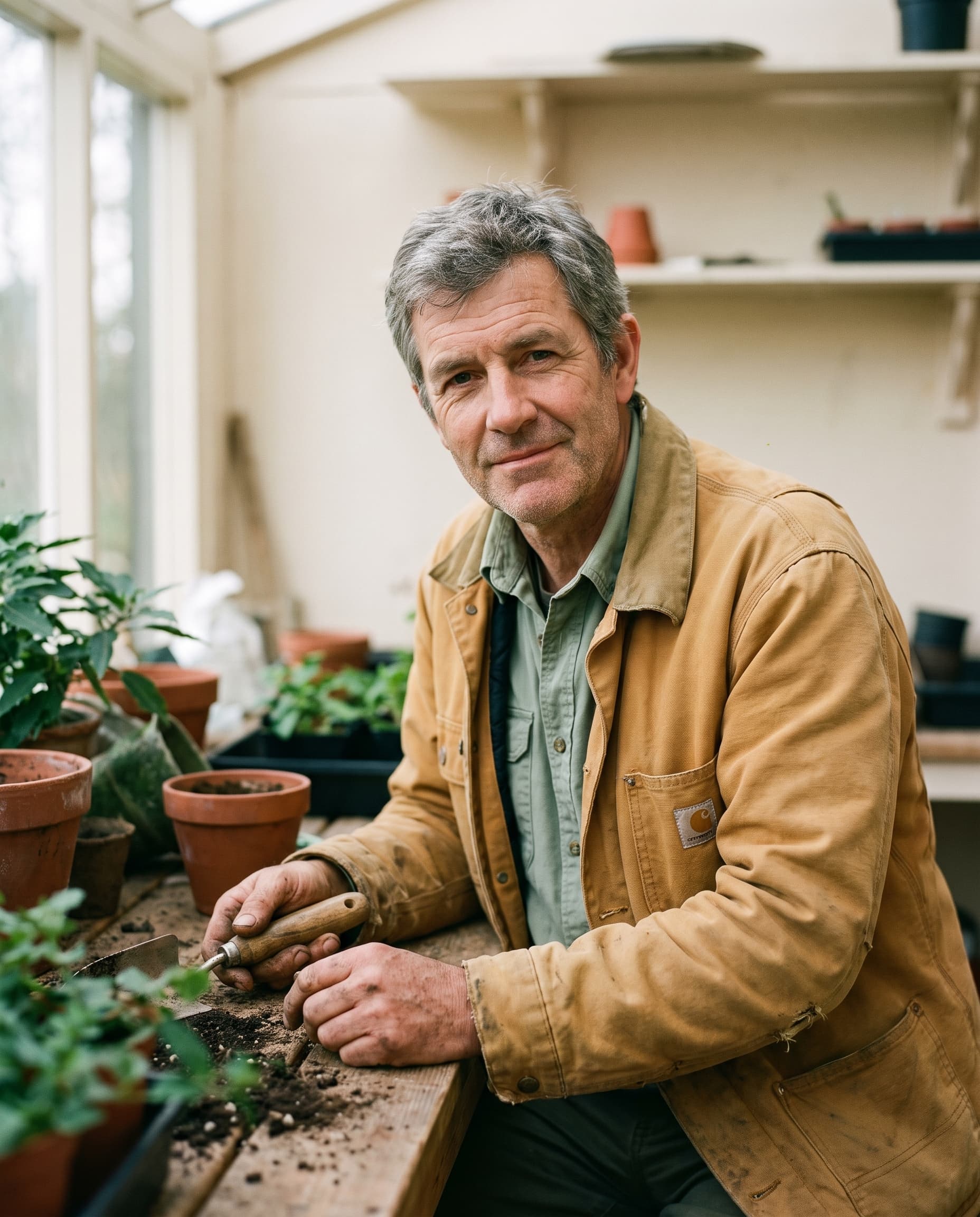 Mark Valen, a grey-haired home gardener in his 50s, sitting at a potting bench among his plants with a calm, approachable half-smile.