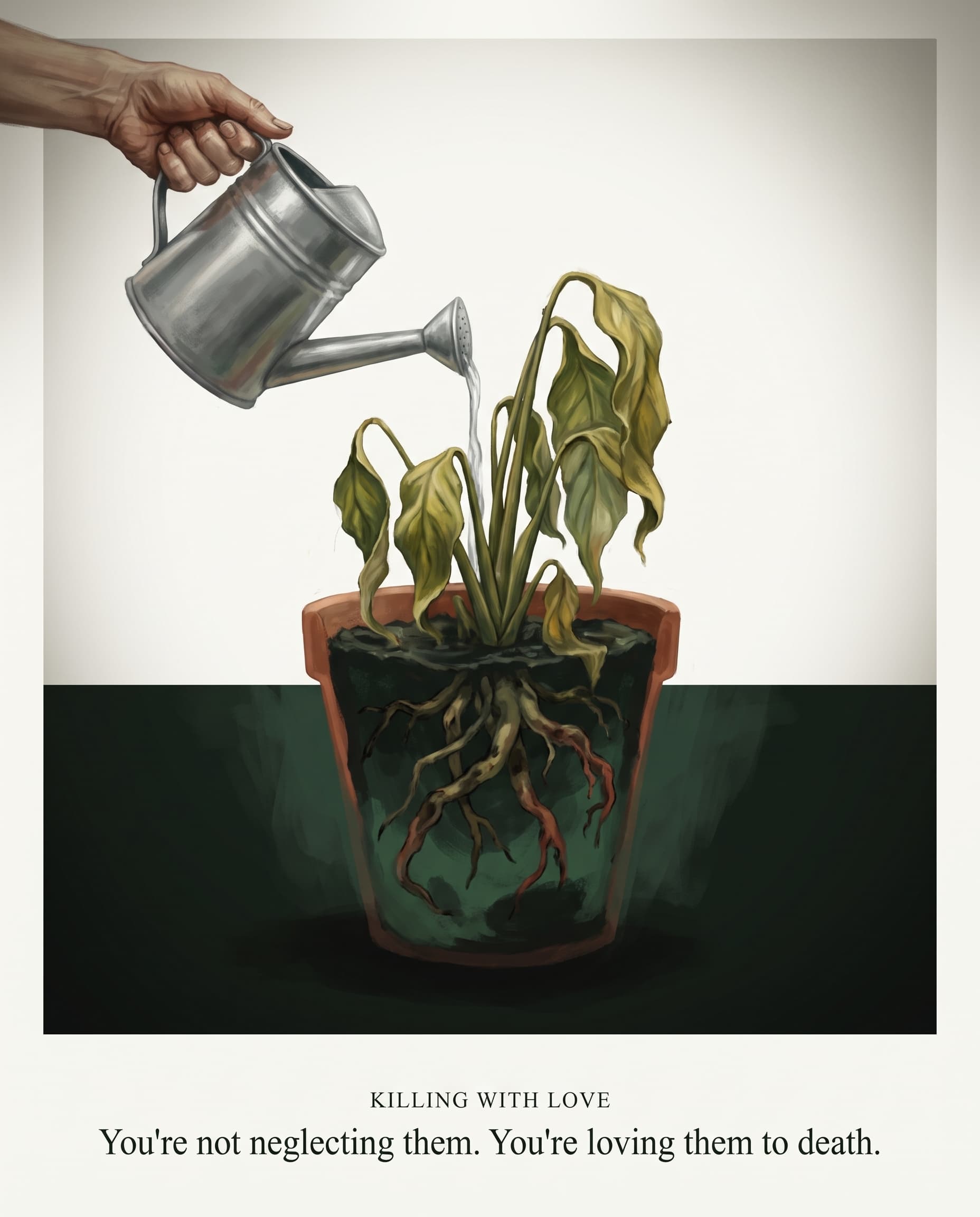 Illustration of a hand watering a wilting plant while its roots rot below the soil &mdash; captioned: You're not neglecting them. You're loving them to death.