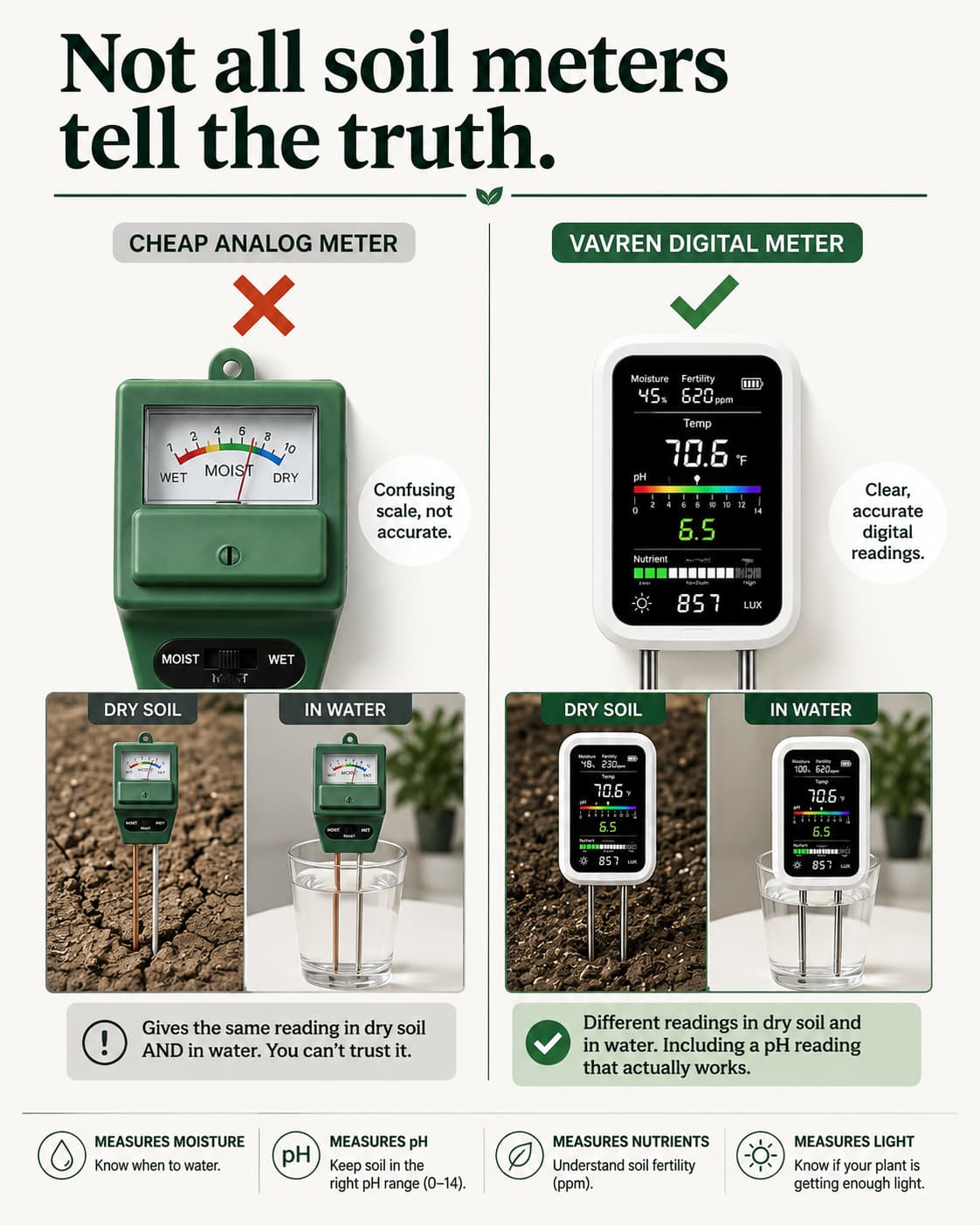Comparison: a cheap analog meter that gives the same reading in dry soil and in water, versus a Vavren digital meter with clear, distinct readings including a working pH scale.